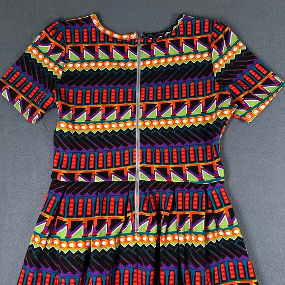 Lularoe Womens L Amelia SS Scoop Neck Back Zip Pleated Teal Geometric Dress - Picture 8 of 11